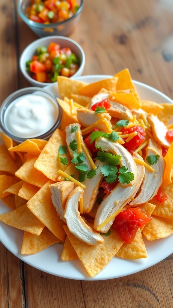 A plate of cheesy tortilla chips with chicken, garnished with cilantro, served with sour cream and salsa.